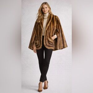 Real Mink Cape Sz L 12 Brown Pockets Stripe Shoulder Pads Coat Fur Satin Custom
